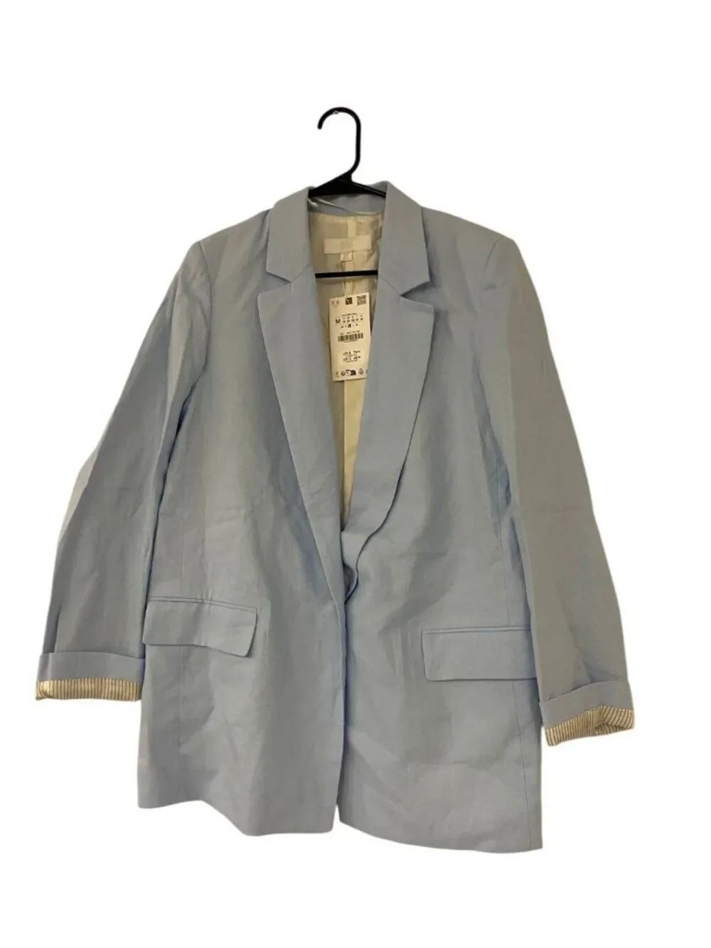 Zara Women Blazer Jacket M Blue Linen Blend Cuffed Oversized Career 3549/709 NWT